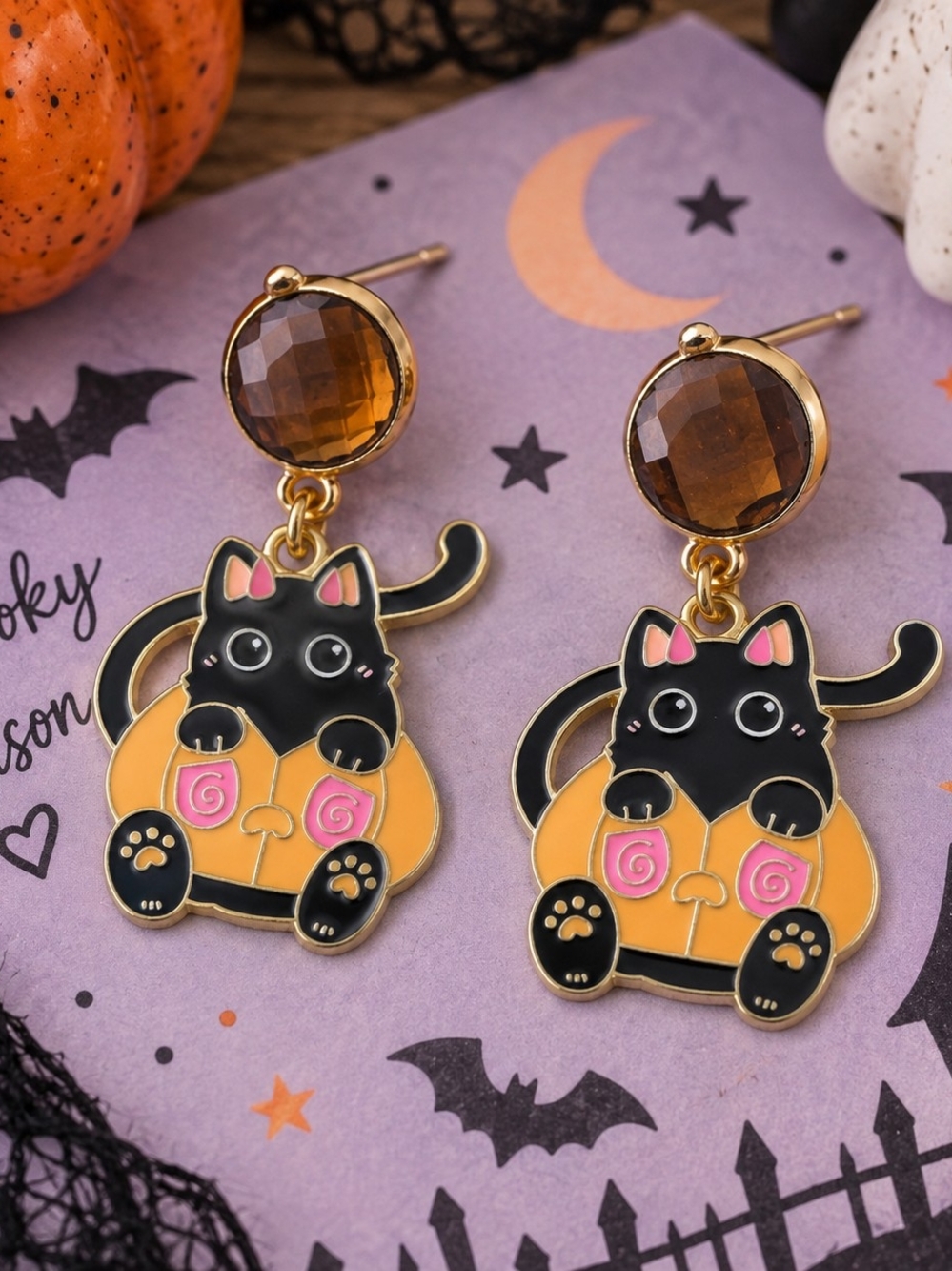 Black Cat Pumpkin Earrings Amber Crystal Gold Halloween Spooky Dangle